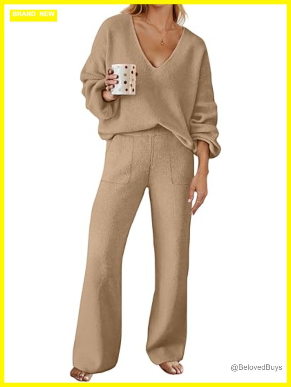2 Piece Lounge Sets for Women Long Sleeve Knit Sweater Wide Leg Pajama Set